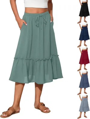 Pleated Midi Skirts for Women High Waisted Ruffle Tiered Swing Flowy Skirt Boho Beach A Line Skirt with Pockets