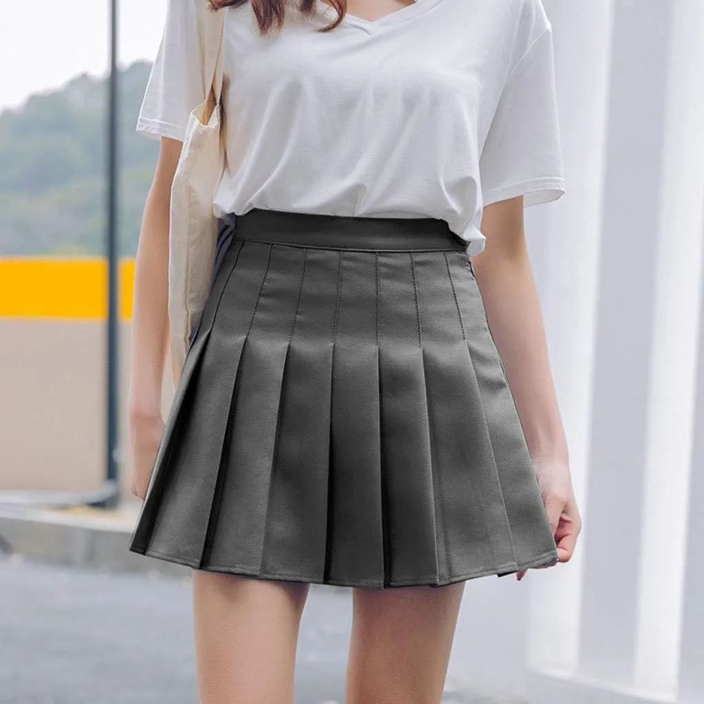 Pleated Mini Skirt Women Teen Girls High Waist School A-Line Skater Tennis Skirt Summer Casual Solid Color Skirt