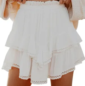 Pleated Mini Skirts for Women High Waisted Elastic Skirt Layered Ruffle Hem Skirts Flowy Tiered Flared Skirt
