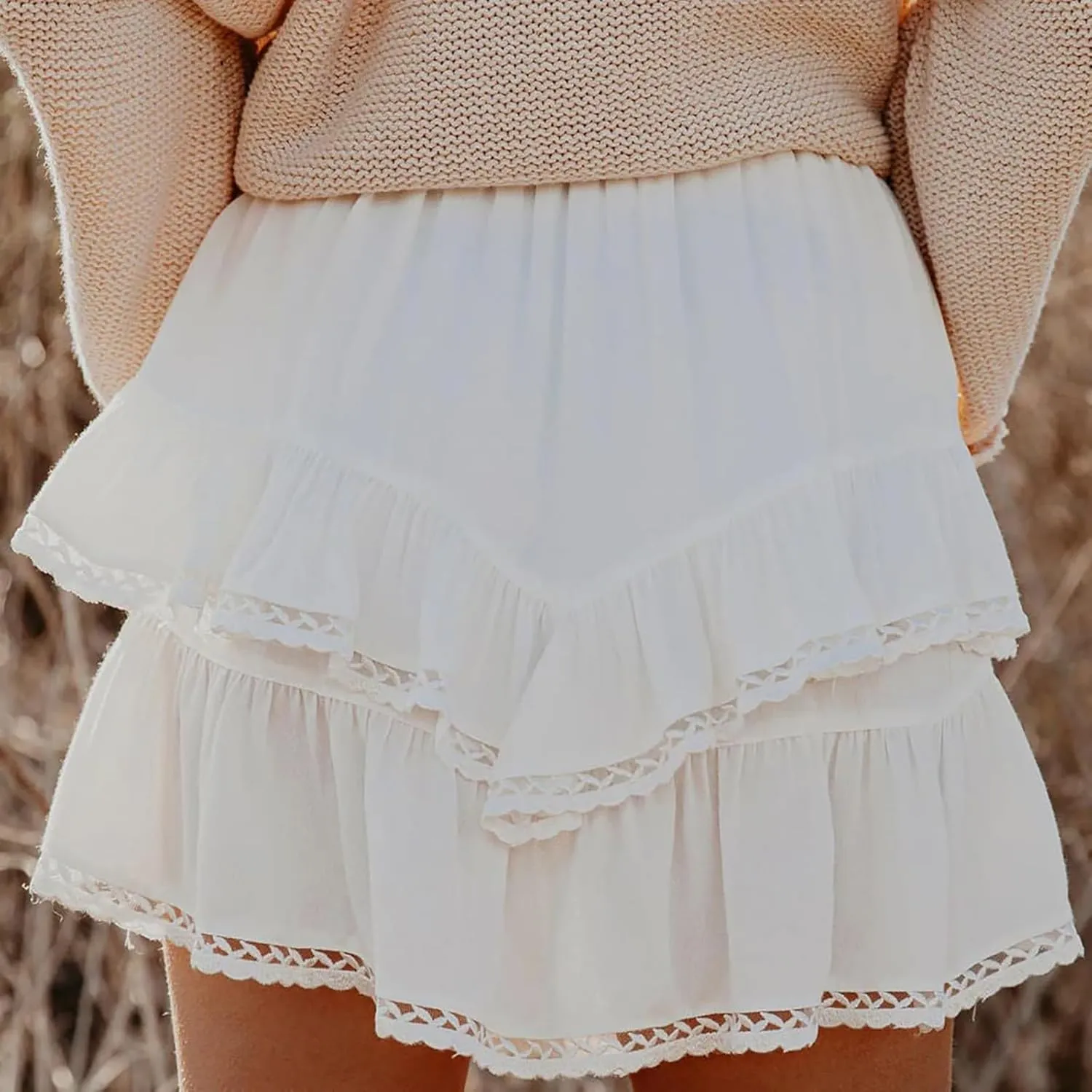 Pleated Mini Skirts for Women High Waisted Elastic Skirt Layered Ruffle Hem Skirts Flowy Tiered Flared Skirt