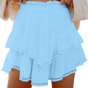 Pleated Mini Skirts for Women High Waisted Elastic Skirt Layered Ruffle Hem Skirts Flowy Tiered Flared Skirt