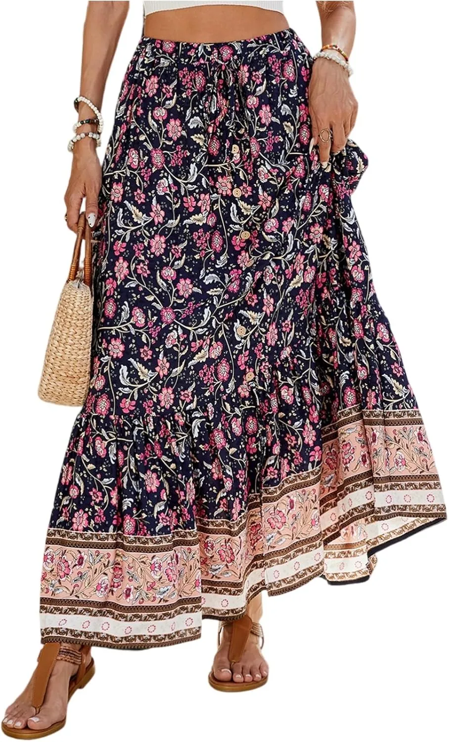 Pleated Skirts for Women, Long Boho Skirt Spring Summer Casual Flowy Maxi Skirts 2025 Trendy Wrap Tiered
