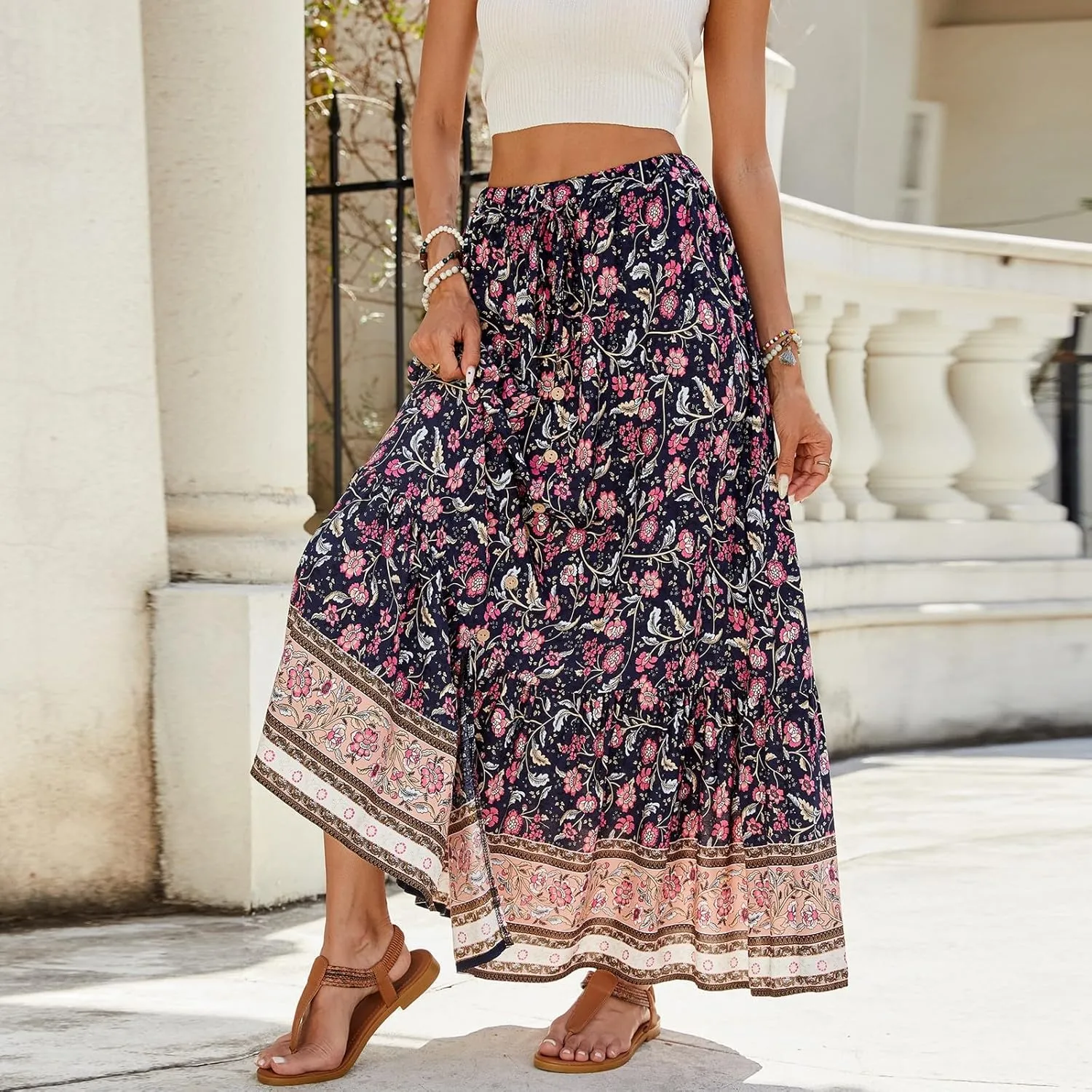 Pleated Skirts for Women, Long Boho Skirt Spring Summer Casual Flowy Maxi Skirts 2025 Trendy Wrap Tiered