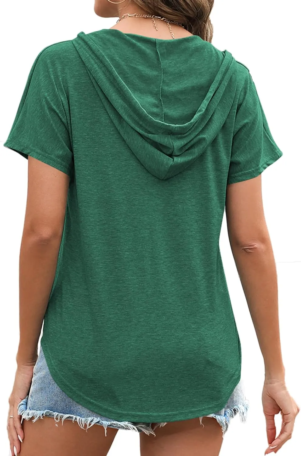 Poetsky Womens V Neck Long Short Sleeve Shirts Drawstring Hoodies Lightweight Pullover Tops