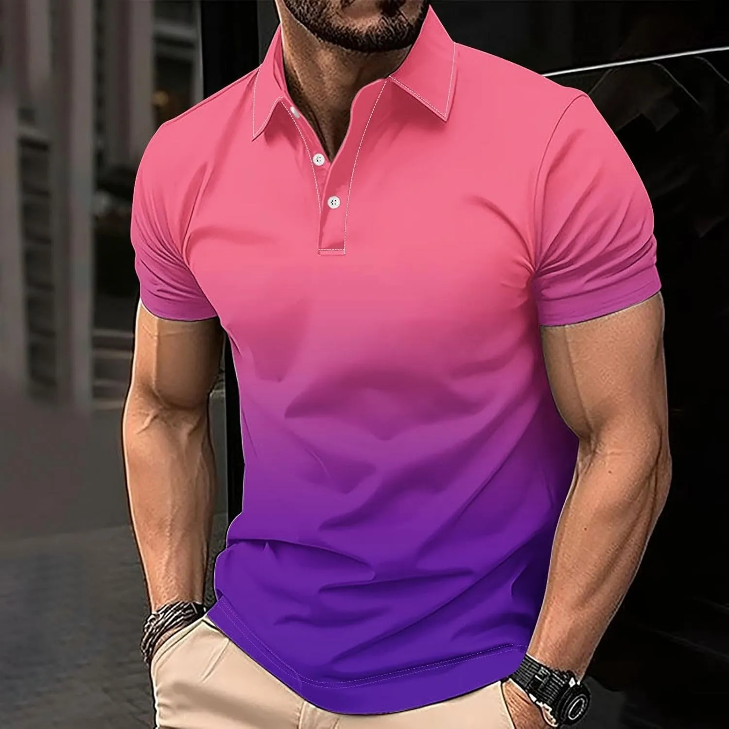 Polo Shirts for Men Short Sleeve Button Down Collar Gradient Tee Dressy Casual Business Work Tshirt Summer Golf Tops