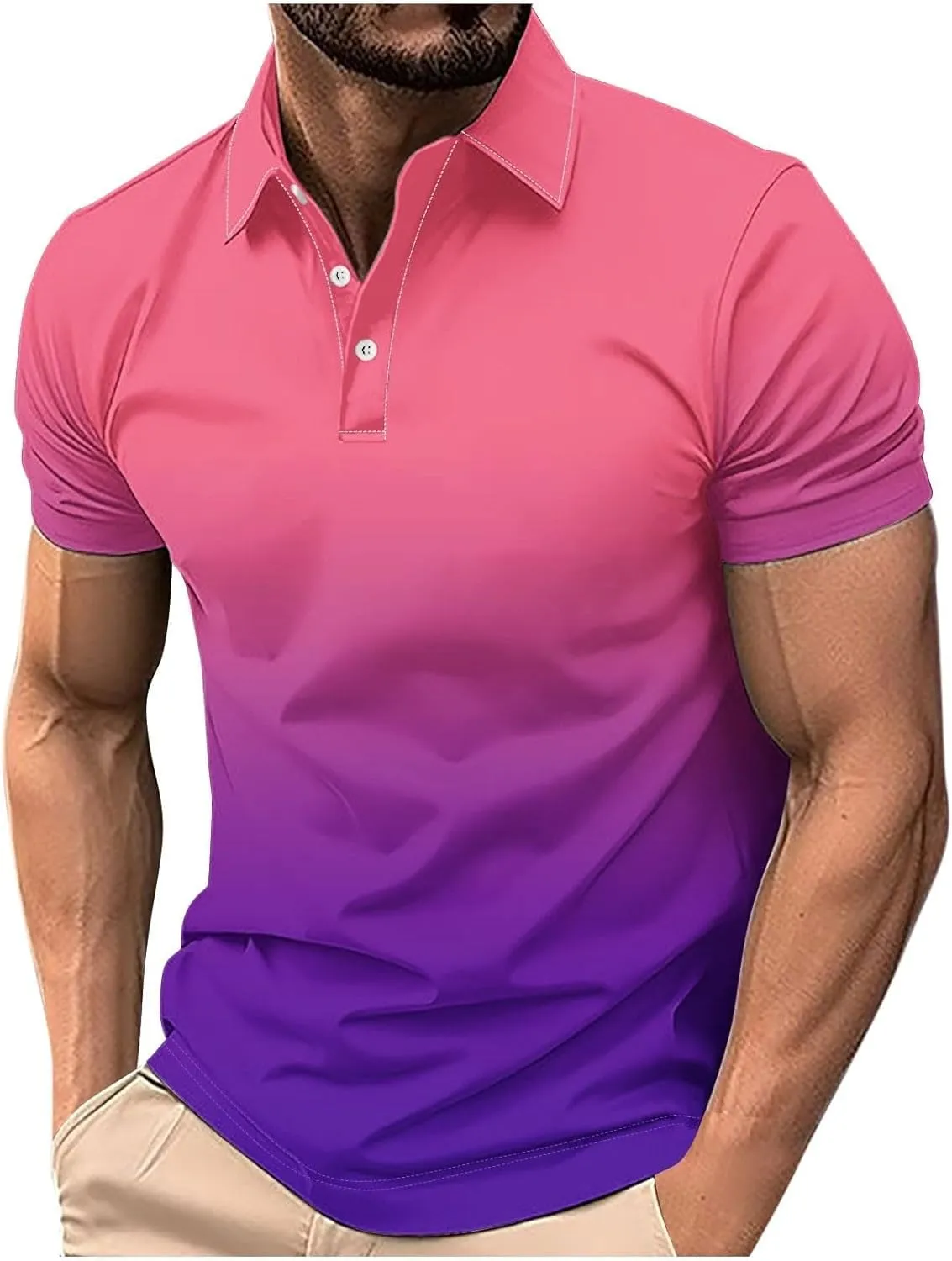 Polo Shirts for Men Short Sleeve Button Down Collar Gradient Tee Dressy Casual Business Work Tshirt Summer Golf Tops