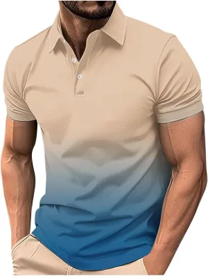 Polo Shirts for Men Short Sleeve Button Down Collar Gradient Tees Dressy Casual Business Work Tshirt Summer Golf Tops