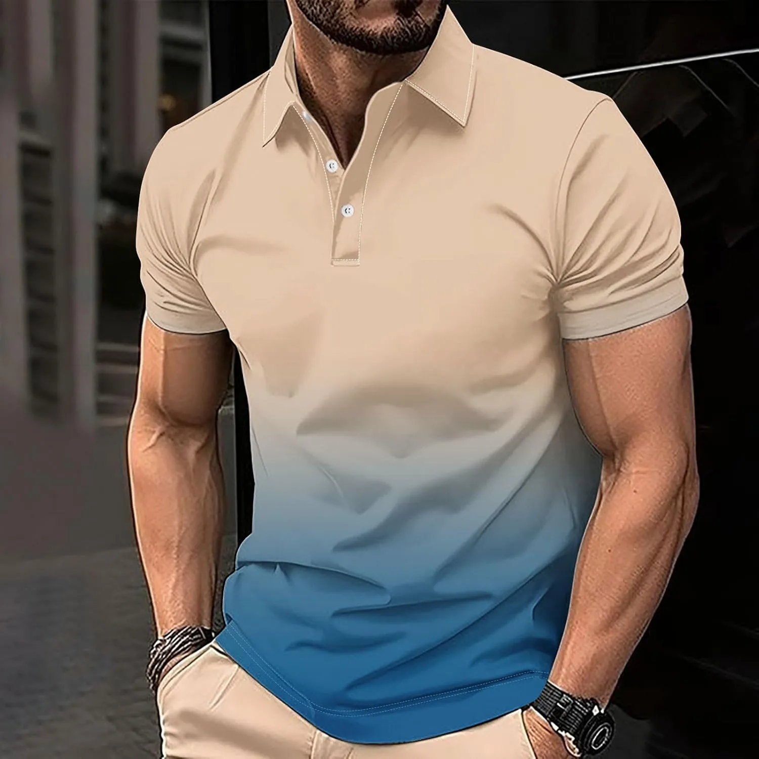 Polo Shirts for Men Short Sleeve Button Down Collar Gradient Tees Dressy Casual Business Work Tshirt Summer Golf Tops