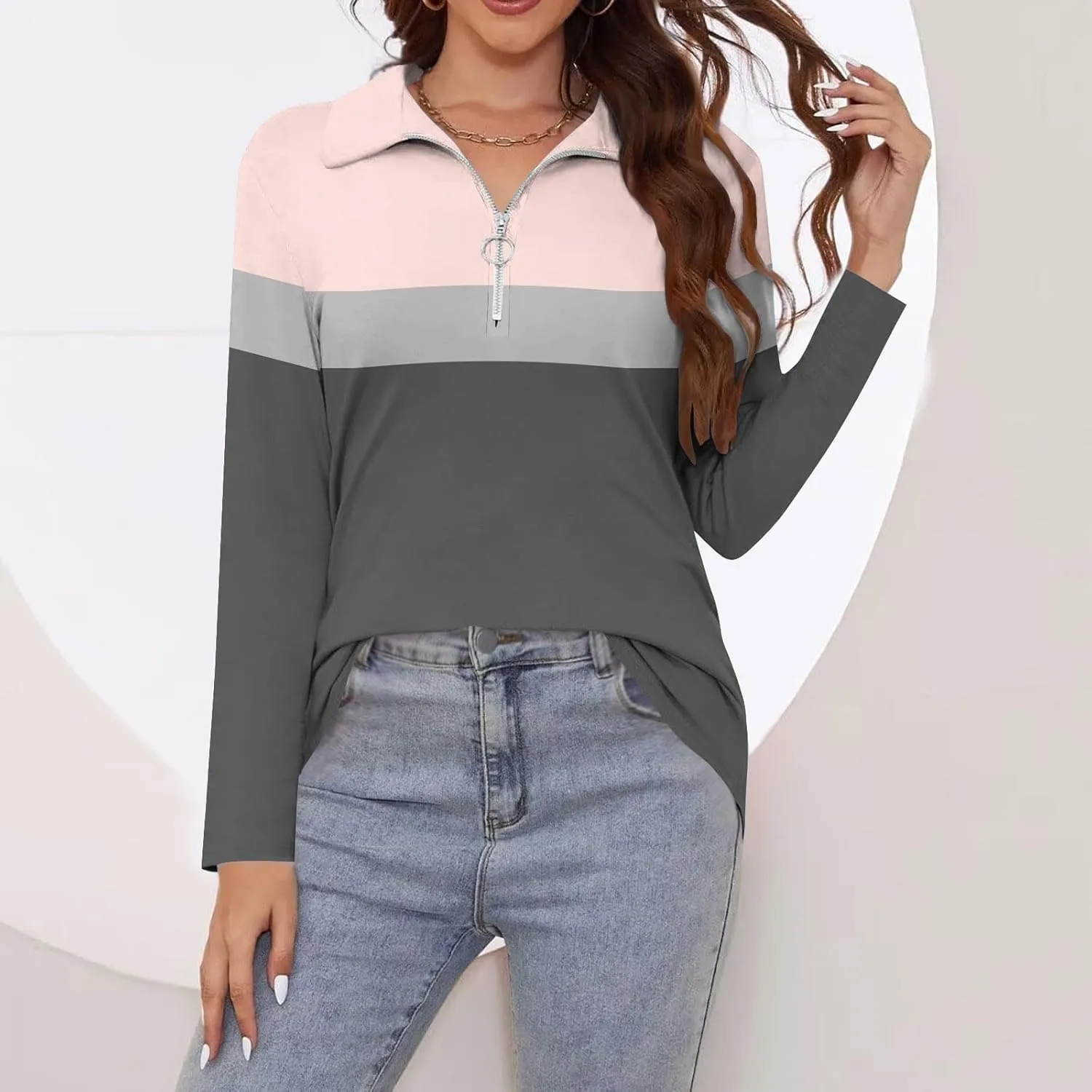 Quarter Zip Pullover Women Long Sleeve Collared Shirts Cozy Soft Tops Pullover Trendy Printed T-Shirts Casual Blouses