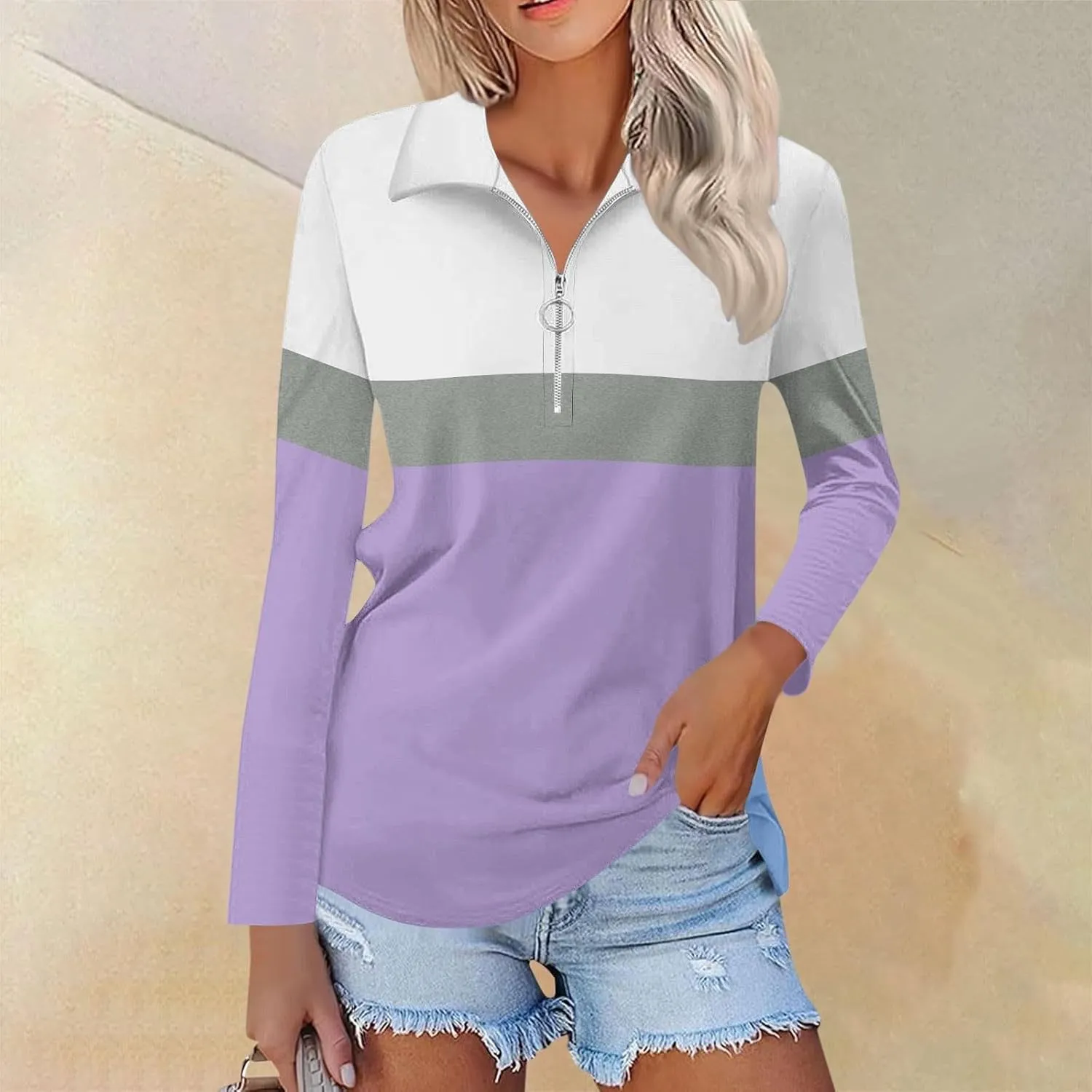 Quarter Zip Pullover Women Long Sleeve Collared Shirts Cozy Soft Tops Pullover Trendy Printed T-Shirts Casual Blouses