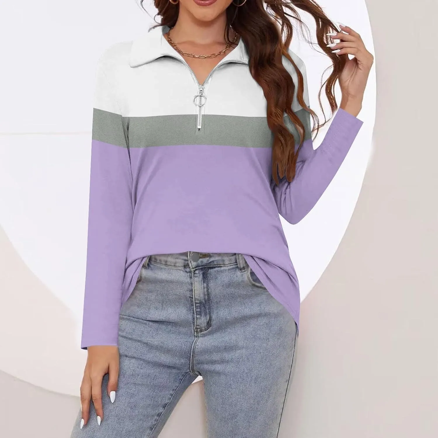 Quarter Zip Pullover Women Long Sleeve Collared Shirts Cozy Soft Tops Pullover Trendy Printed T-Shirts Casual Blouses