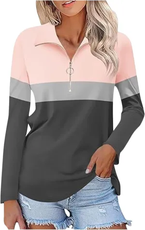 Quarter Zip Pullover Women Long Sleeve Collared Shirts Cozy Soft Tops Pullover Trendy Printed T-Shirts Casual Blouses