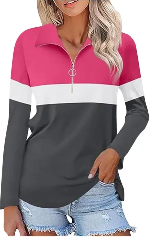 Quarter Zip Pullover Women Long Sleeve Collared Shirts Cozy Soft Tops Pullover Trendy Printed T-Shirts Casual Blouses