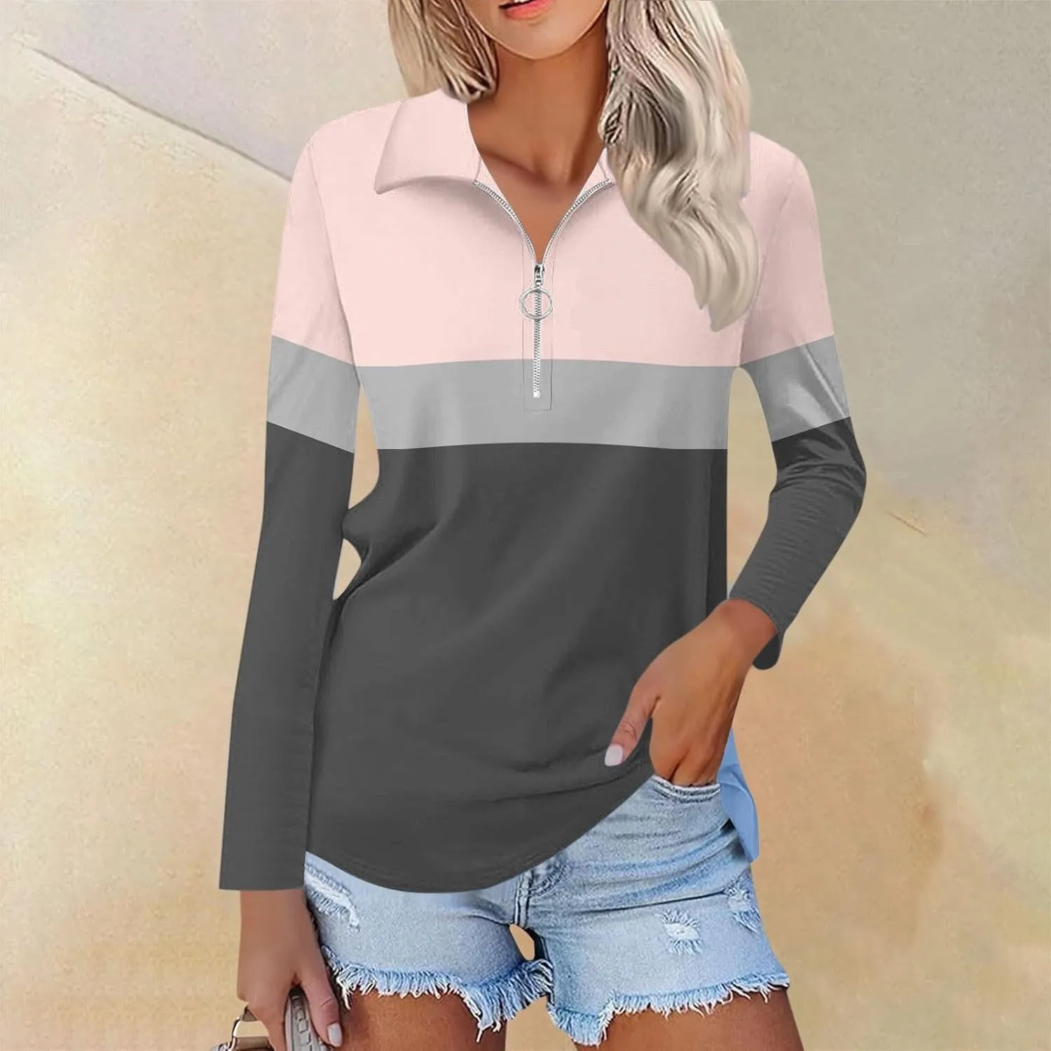 Quarter Zip Pullover Women Long Sleeve Collared Shirts Cozy Soft Tops Pullover Trendy Printed T-Shirts Casual Blouses