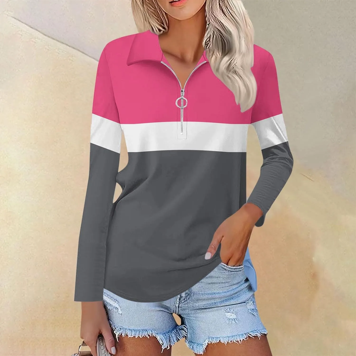 Quarter Zip Pullover Women Long Sleeve Collared Shirts Cozy Soft Tops Pullover Trendy Printed T-Shirts Casual Blouses