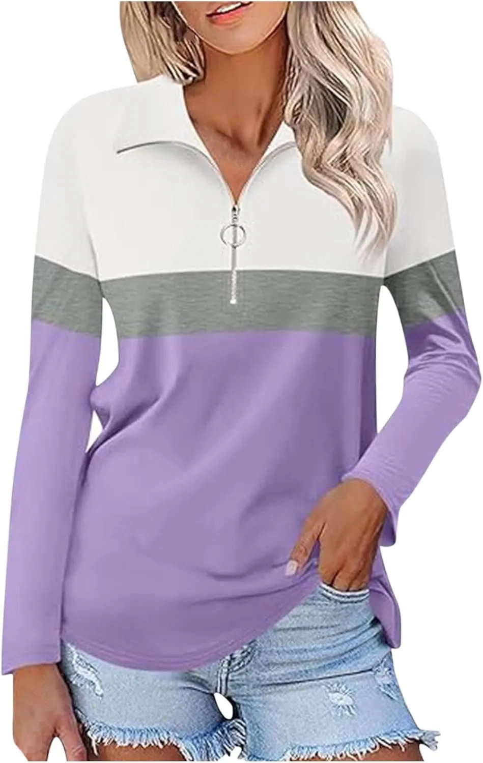Quarter Zip Pullover Women Long Sleeve Collared Shirts Cozy Soft Tops Pullover Trendy Printed T-Shirts Casual Blouses