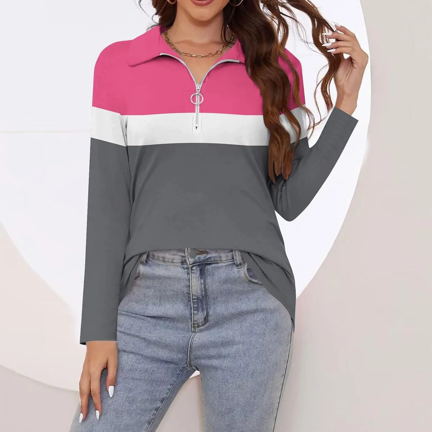 Quarter Zip Pullover Women Long Sleeve Collared Shirts Cozy Soft Tops Pullover Trendy Printed T-Shirts Casual Blouses