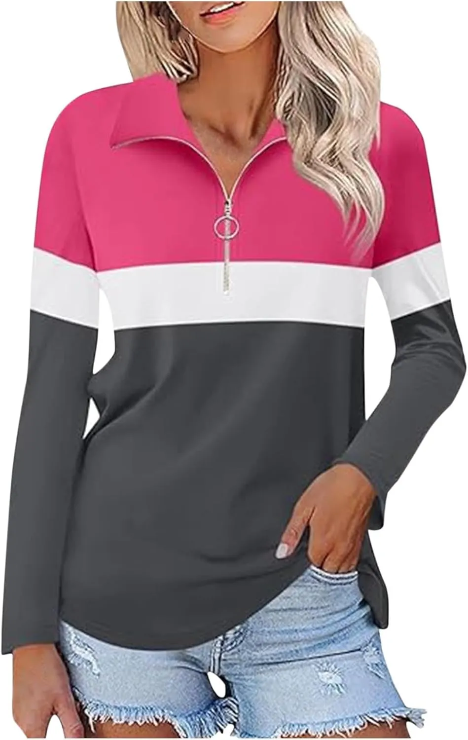 Quarter Zip Pullover Women Long Sleeve Collared Shirts Cozy Soft Tops Pullover Trendy Printed T-Shirts Casual Blouses
