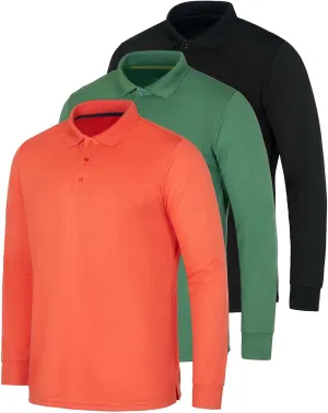 Real Essentials 3 Pack Men's Dry Fit Long-Sleeve Active Polo Shirt Casual Performance Golf (Available in Big & Tall)