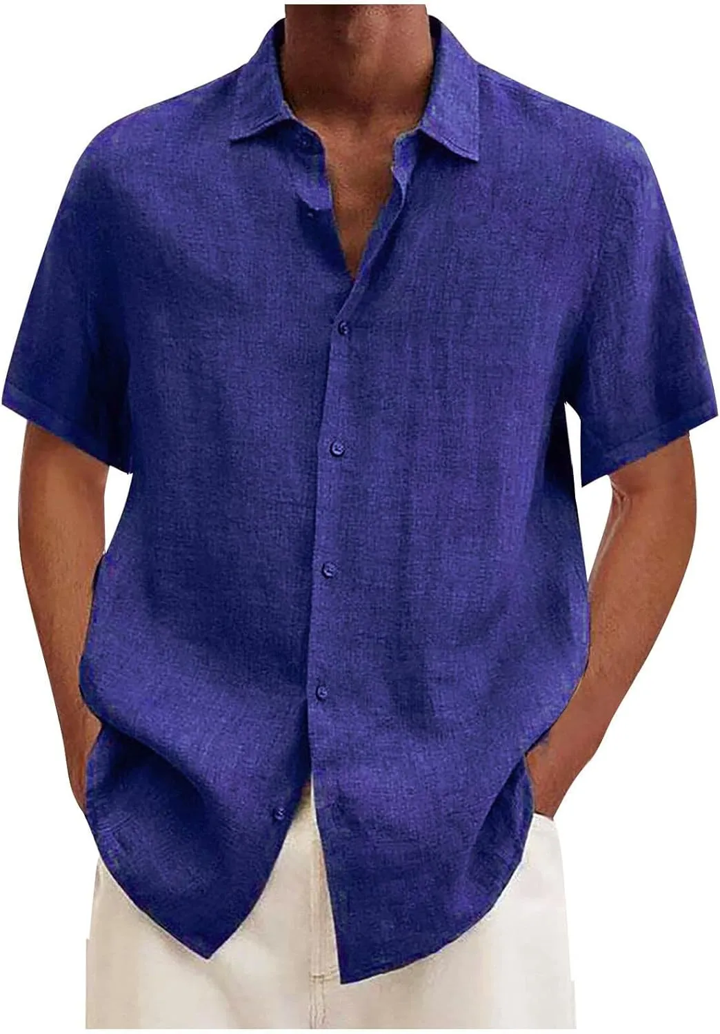 RTRDE Men's Short Sleeve Button Down Shirts Summer Casual Cotton Linen Solid Color Short Shirts Loose for Men, S-3XL