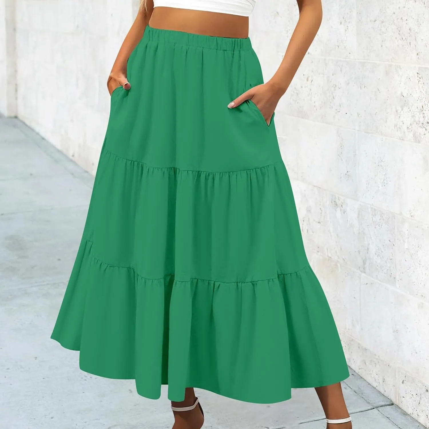 Ruffle Midi Skirts for Women with Pockets Elastic High Waisted Solid Color Swing A Line Beach Skirt