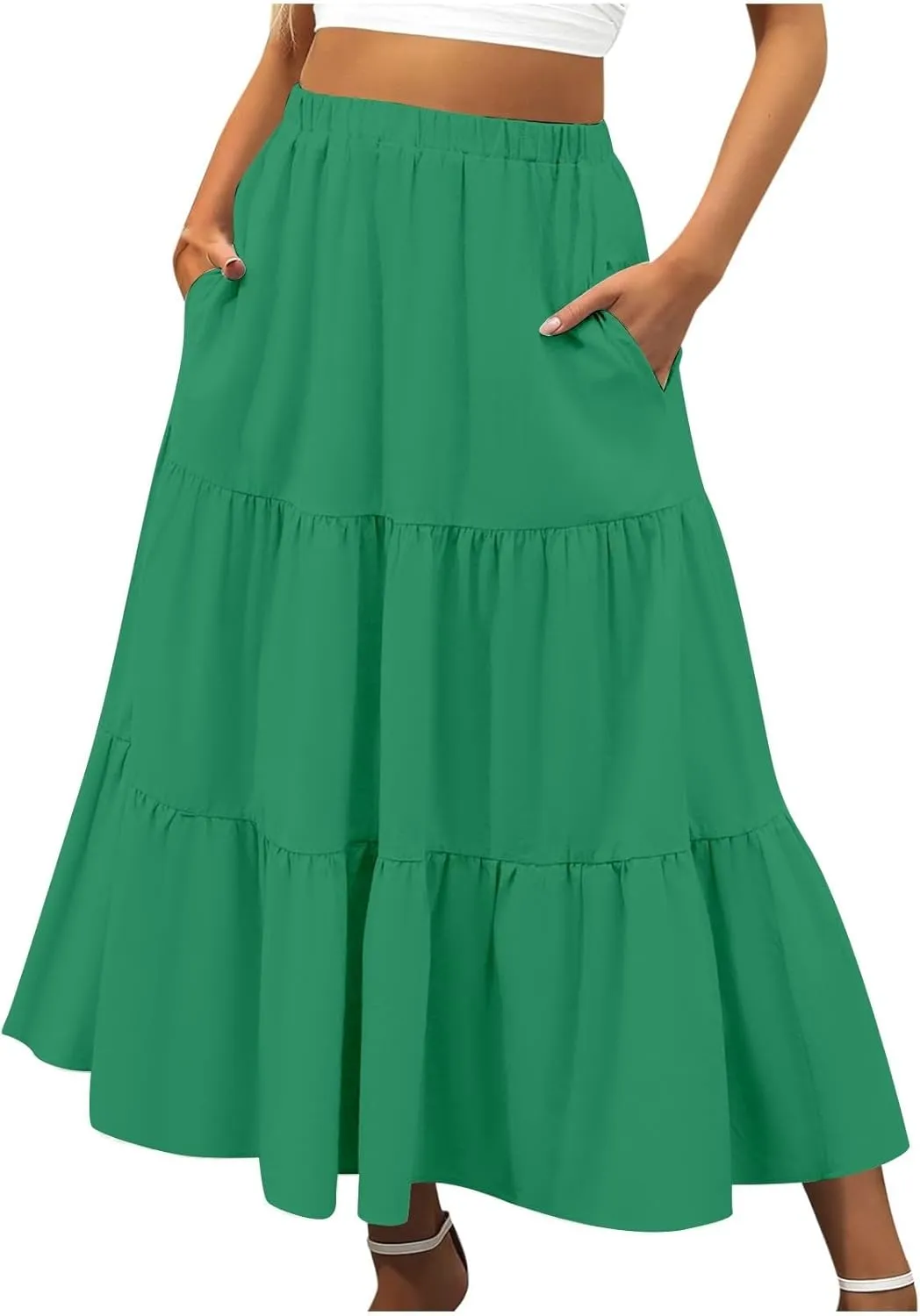 Ruffle Midi Skirts for Women with Pockets Elastic High Waisted Solid Color Swing A Line Beach Skirt