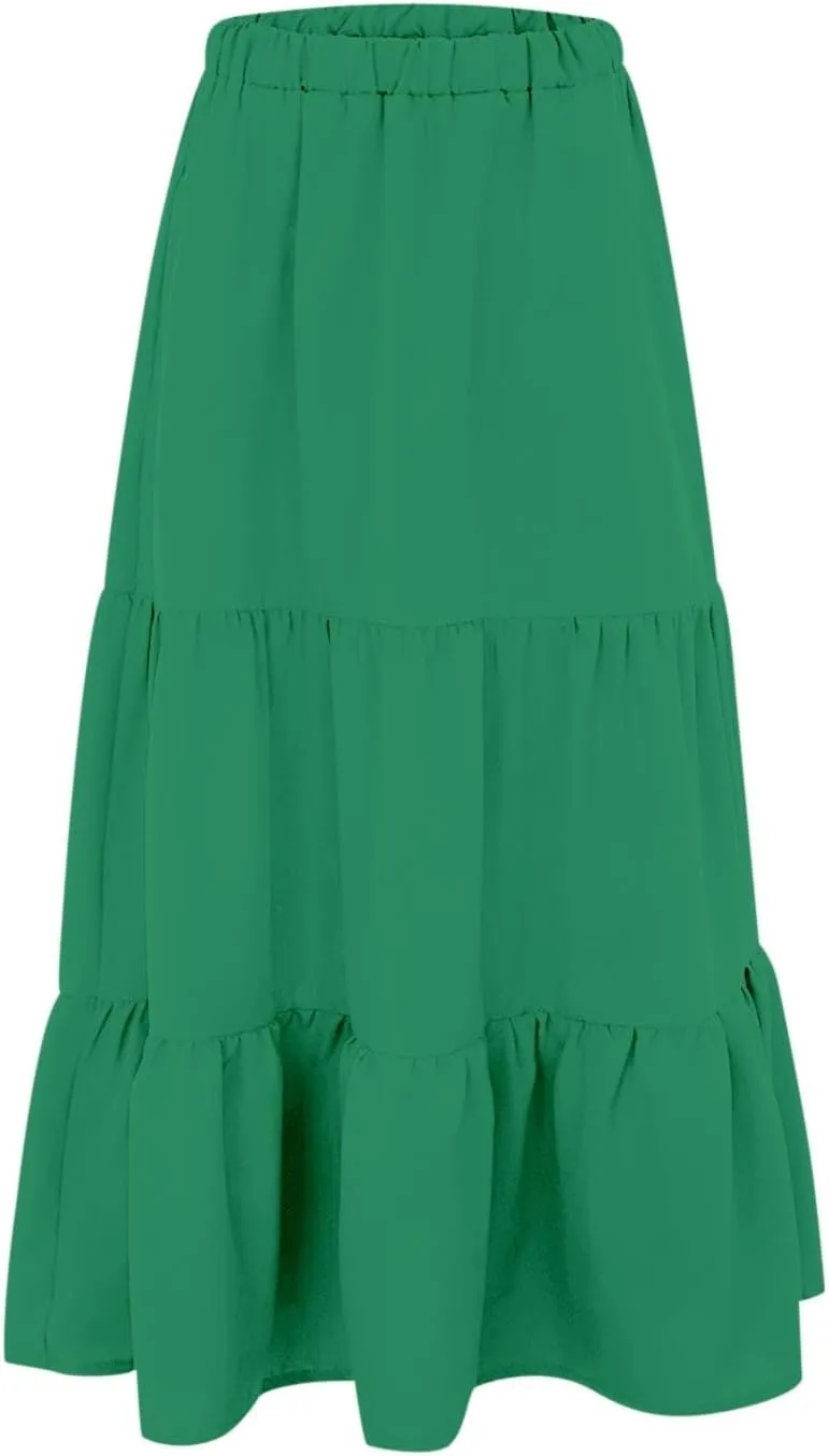 Ruffle Midi Skirts for Women with Pockets Elastic High Waisted Solid Color Swing A Line Beach Skirt
