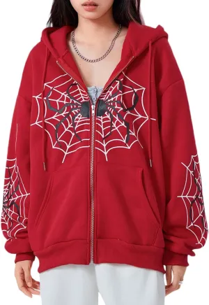 Sastianaen Women Y2k Zip Up Hoodies Gothic Spider Print Sweatshirt Vintage Graphic Oversized Fairy Grunge Jackets