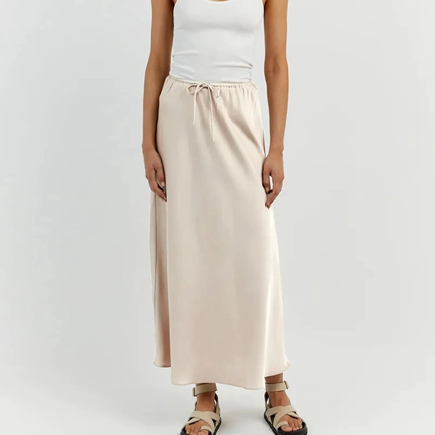 Satin Maxi Skirts for Women 2025 Summer Drawstring Elastic High Waisted Solid Color Slip Long Skirt
