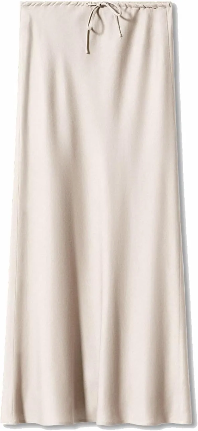 Satin Maxi Skirts for Women 2025 Summer Drawstring Elastic High Waisted Solid Color Slip Long Skirt