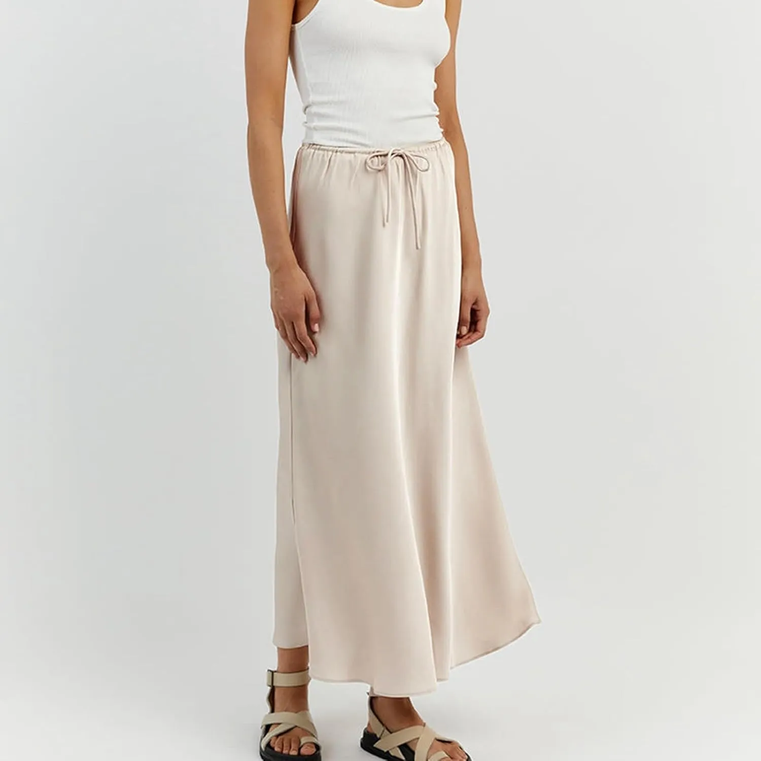 Satin Maxi Skirts for Women 2025 Summer Drawstring Elastic High Waisted Solid Color Slip Long Skirt