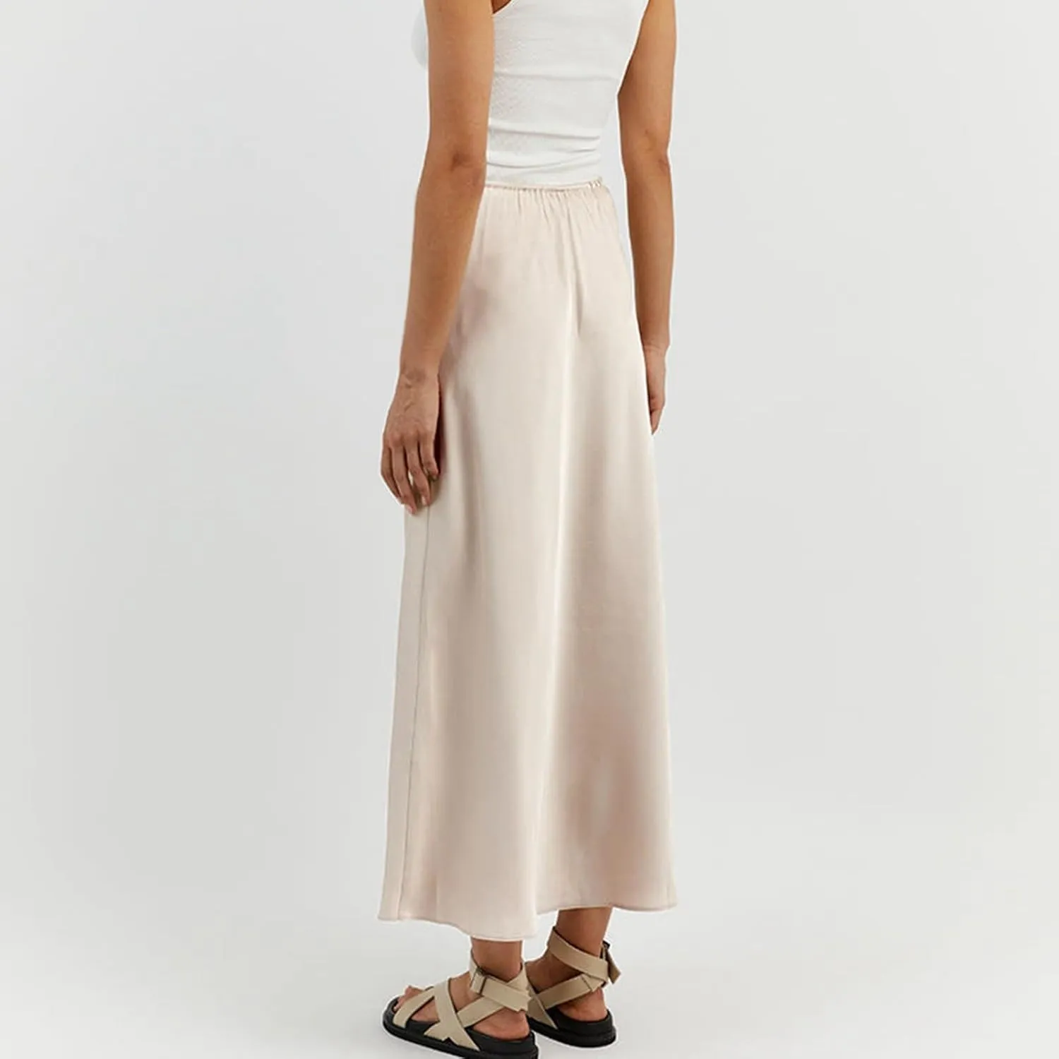 Satin Maxi Skirts for Women 2025 Summer Drawstring Elastic High Waisted Solid Color Slip Long Skirt
