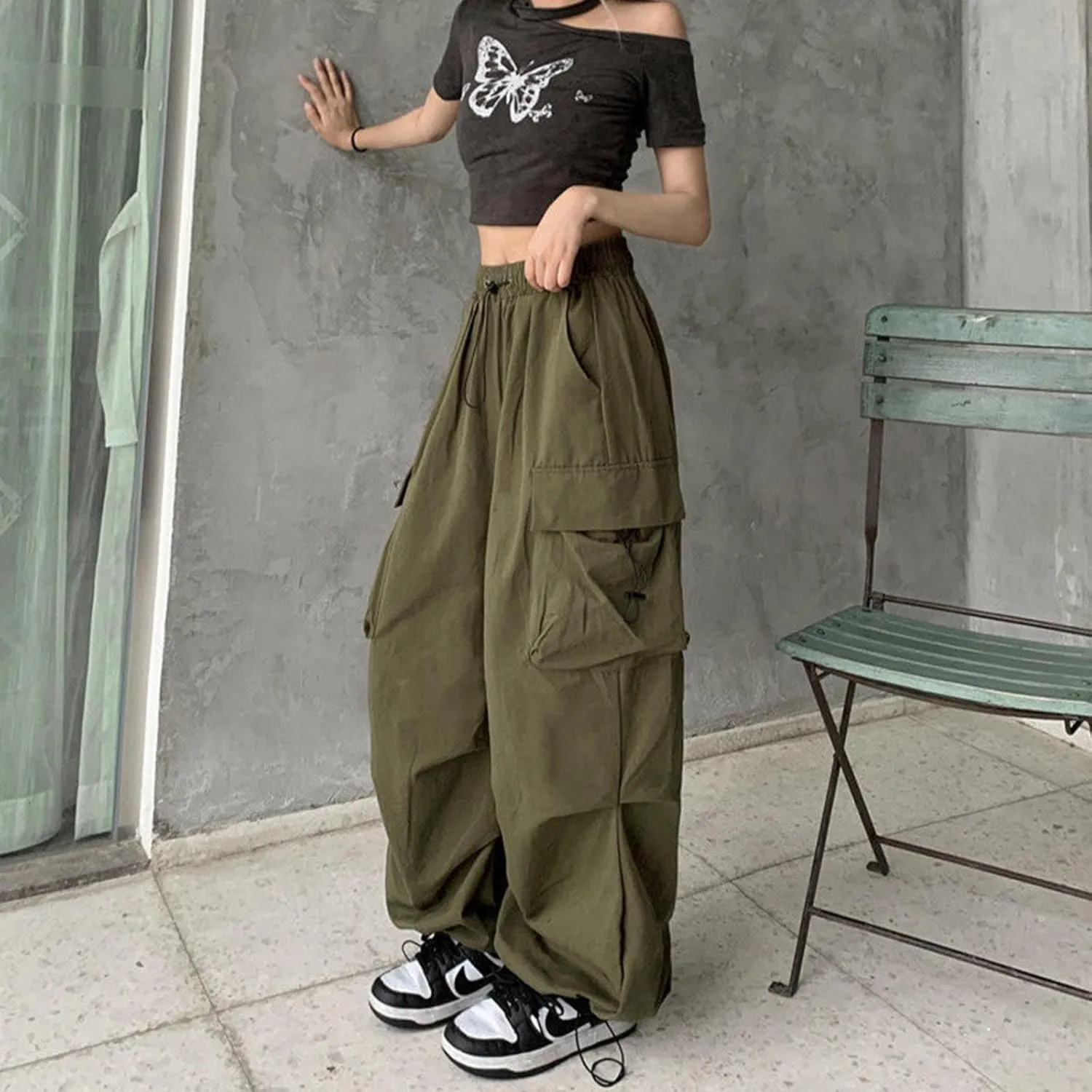 sdbrld Cargo Pants Women Adjustable Waist Multiple Pockets Relaxed Fit Straight Wide Leg Y2K Pants Trousers Y2K Fashion Jeans