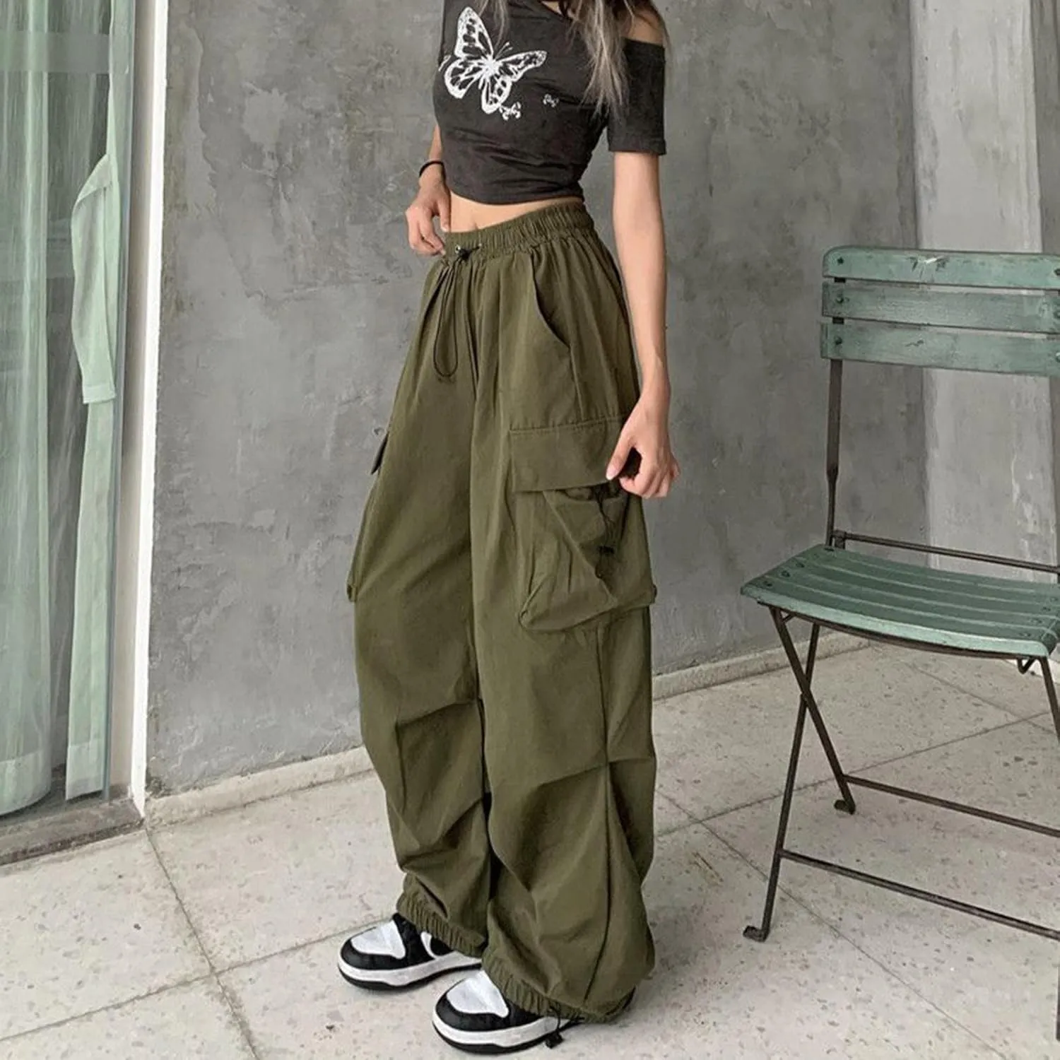 sdbrld Cargo Pants Women Adjustable Waist Multiple Pockets Relaxed Fit Straight Wide Leg Y2K Pants Trousers Y2K Fashion Jeans