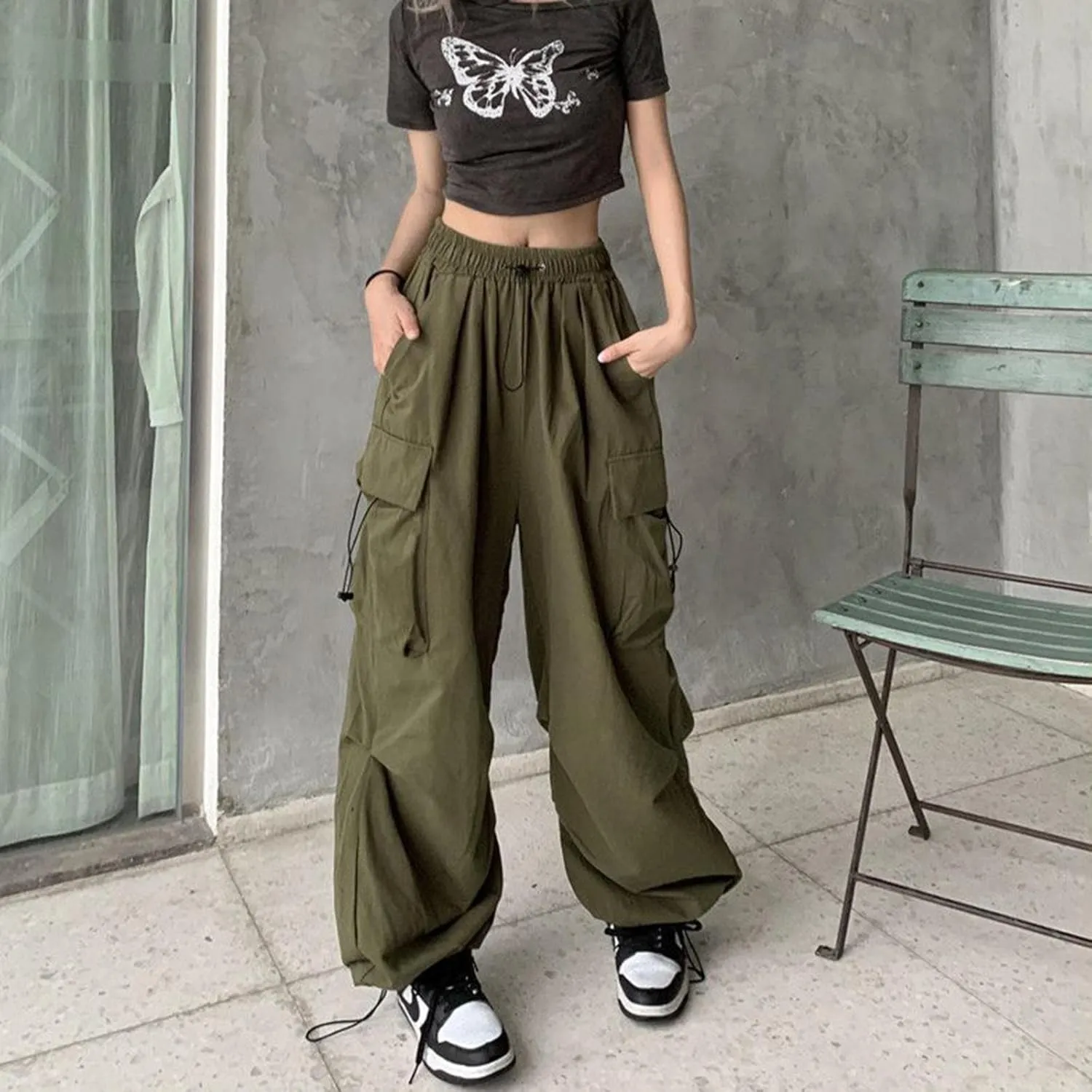 sdbrld Cargo Pants Women Adjustable Waist Multiple Pockets Relaxed Fit Straight Wide Leg Y2K Pants Trousers Y2K Fashion Jeans