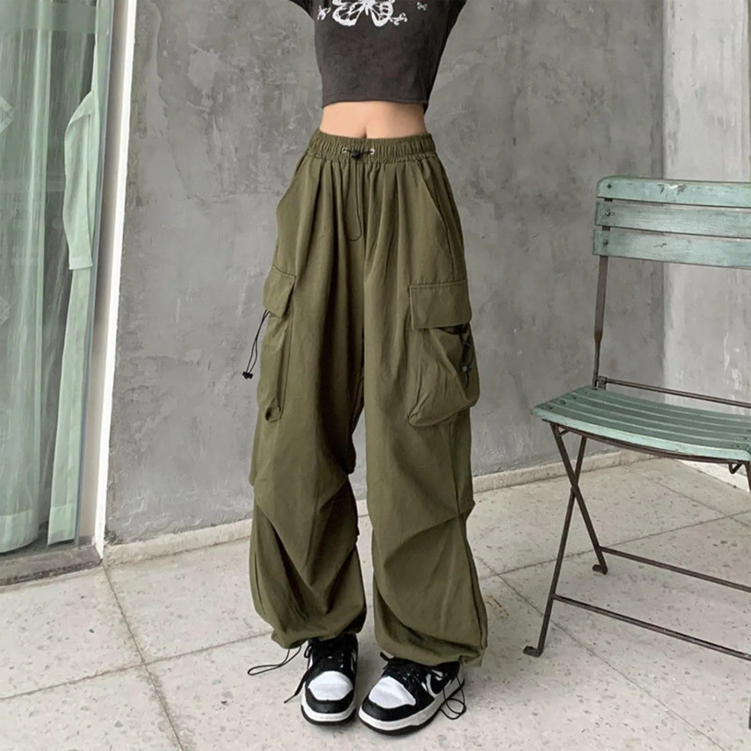 sdbrld Cargo Pants Women Adjustable Waist Multiple Pockets Relaxed Fit Straight Wide Leg Y2K Pants Trousers Y2K Fashion Jeans