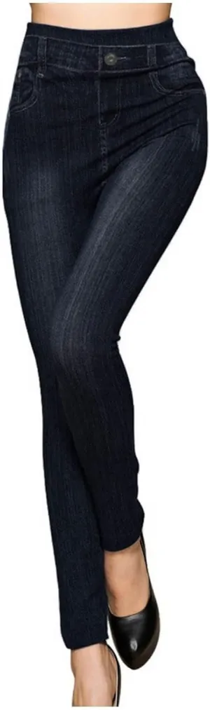 Seamless Jeggings for Women Tummy Control Pull On Stretchy Faux Jeans High Waisted Skinny Denim Leggings Trendy
