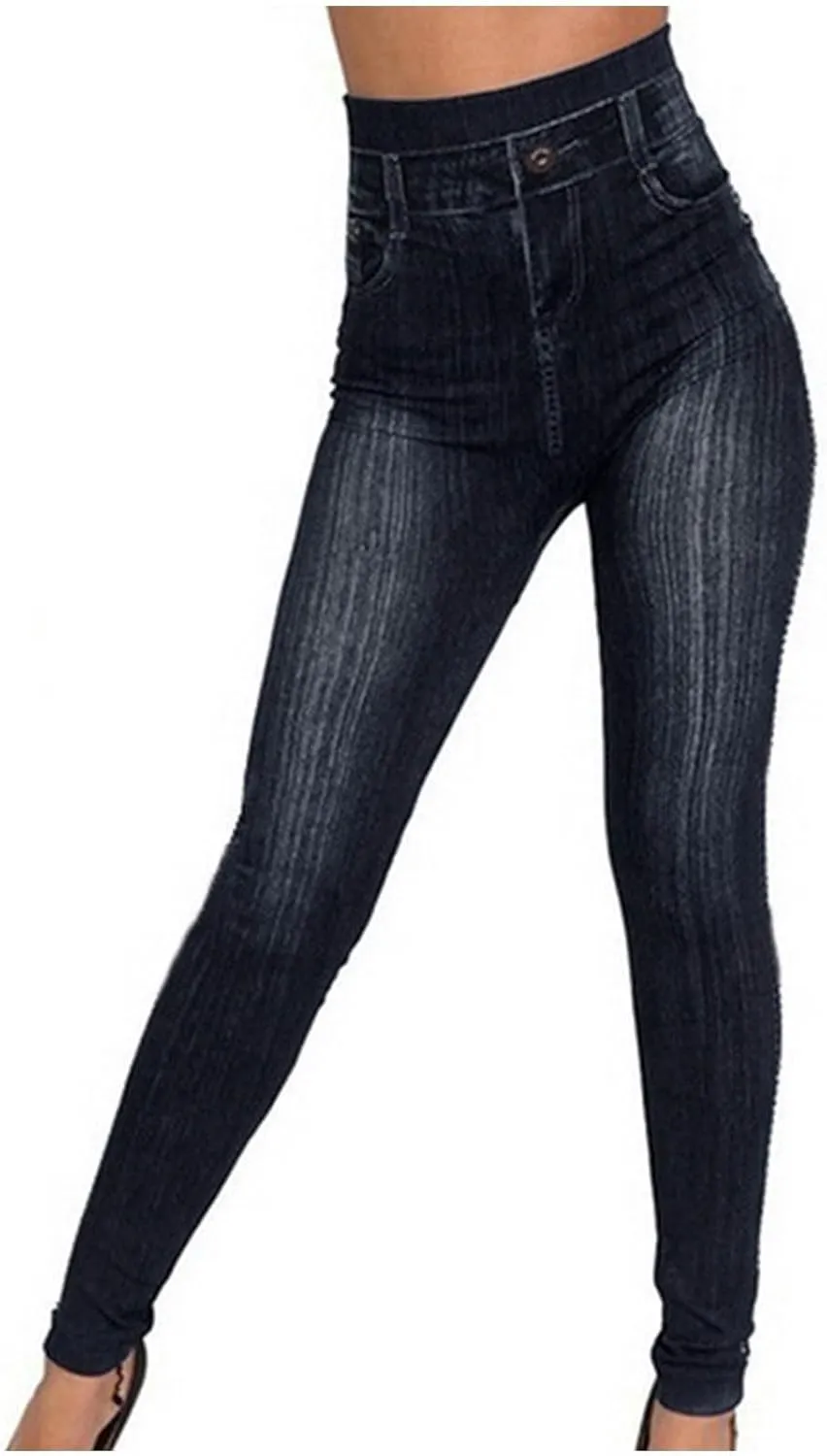Seamless Jeggings for Women Tummy Control Pull On Stretchy Faux Jeans High Waisted Skinny Denim Leggings Trendy