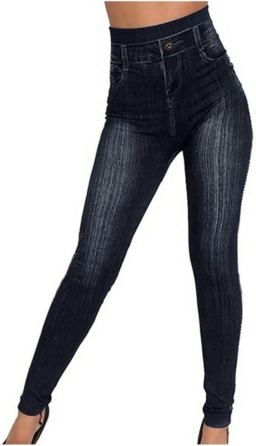 Seamless Jeggings for Women Tummy Control Pull On Stretchy Faux Jeans High Waisted Skinny Denim Leggings Trendy