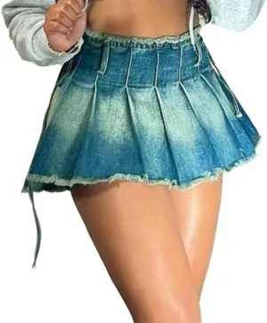 Seltaon Women's Pleated Mini Skirts Sexy Y2k High Wiast A-line Club Mini Denim Skirt