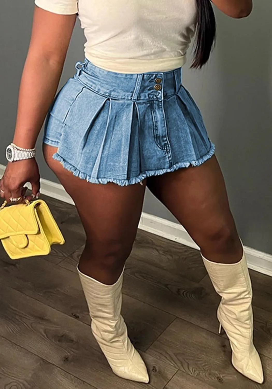 Seltaon Women's Pleated Mini Skirts Sexy Y2k High Wiast A-line Club Mini Denim Skirt