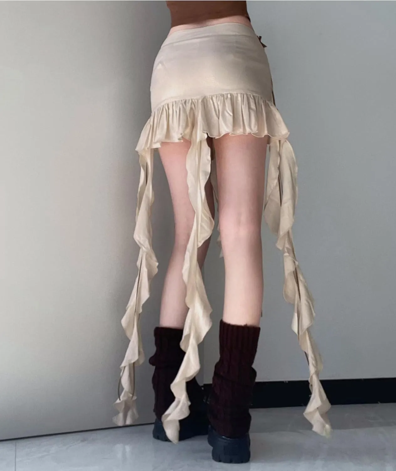 SEMATOMALA Women's Asymmetrical Hem Y2K Ruffle Mini Skirt Fringe Patchwork Summer Pleated Cargo Skirt Streetwear