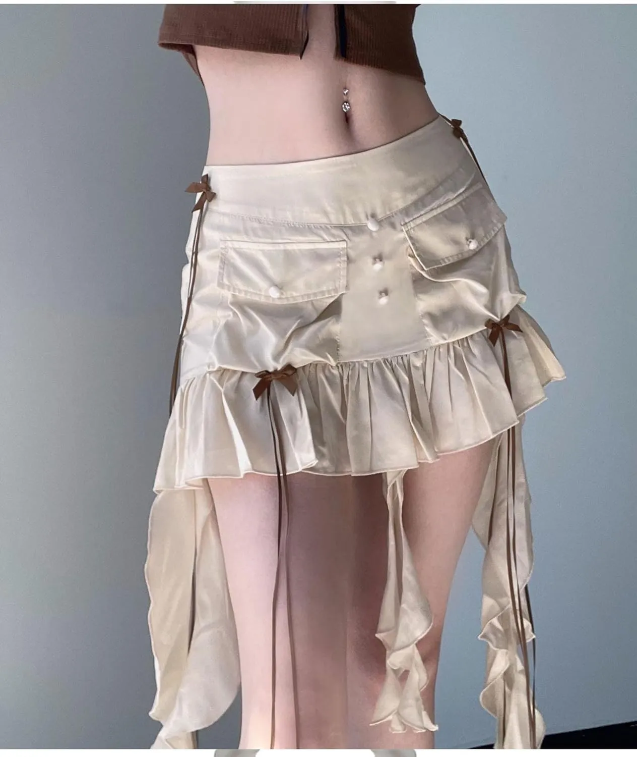 SEMATOMALA Women's Asymmetrical Hem Y2K Ruffle Mini Skirt Fringe Patchwork Summer Pleated Cargo Skirt Streetwear