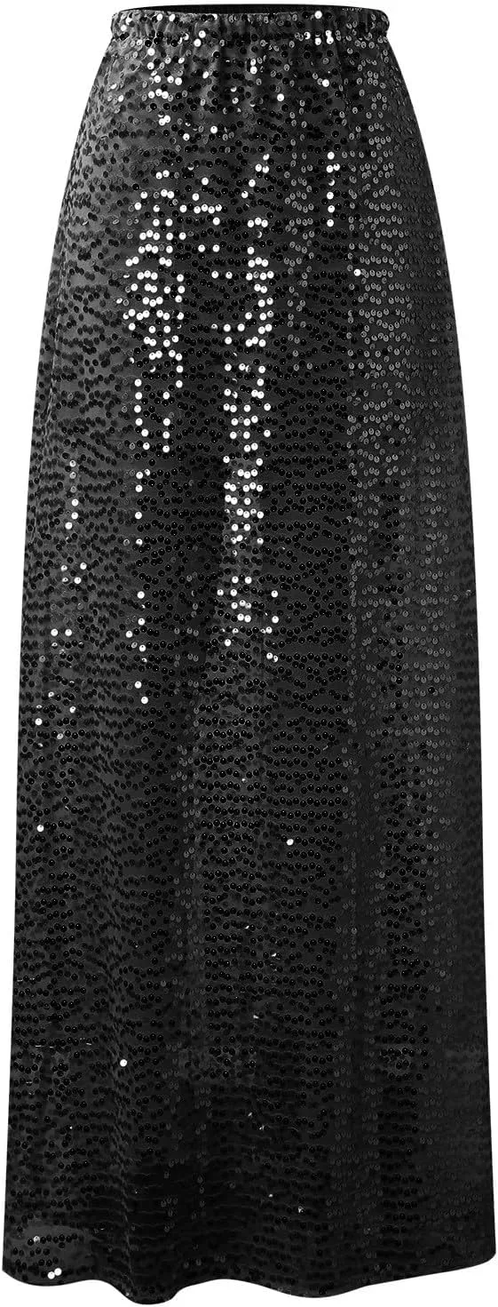 Sequin Maxi Skirts for Women 2025 Summer Elegant High Waisted Flowy Ruffle Long Vacation Skirt
