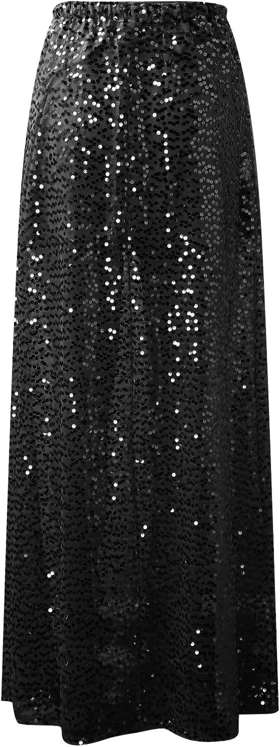 Sequin Maxi Skirts for Women 2025 Summer Elegant High Waisted Flowy Ruffle Long Vacation Skirt