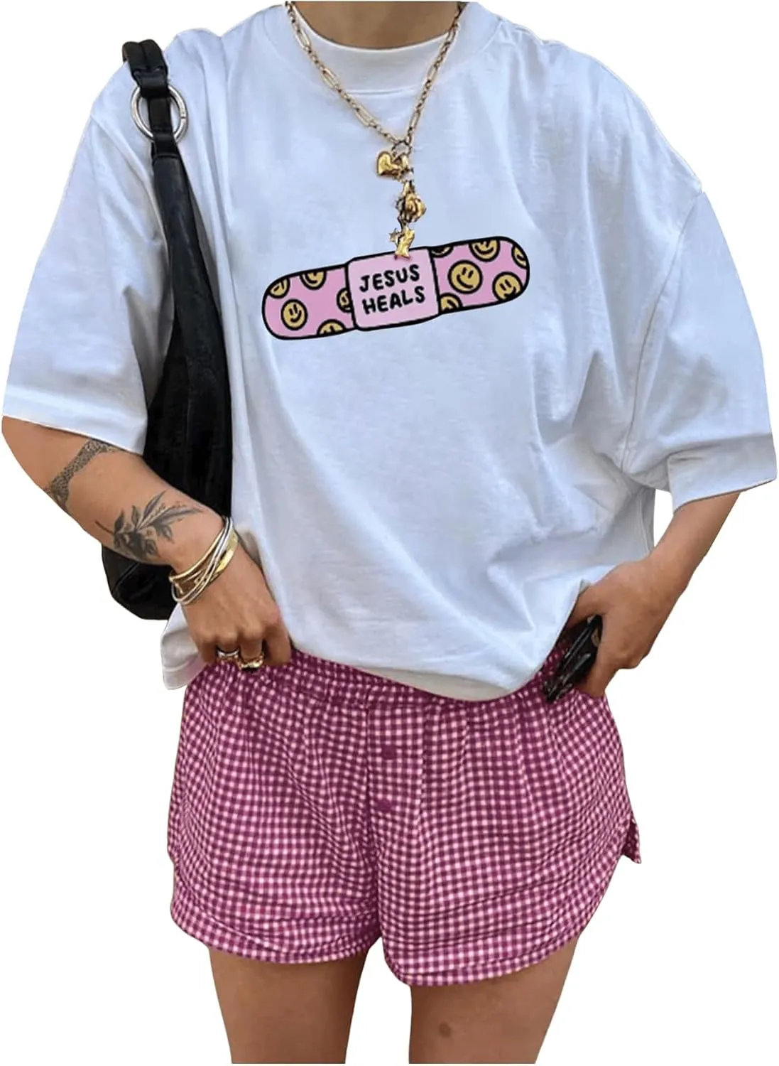 SHENHE Women's Graphic Crew Neck Short Sleeve T Shirt Summer Oversized Cute Tee Tops