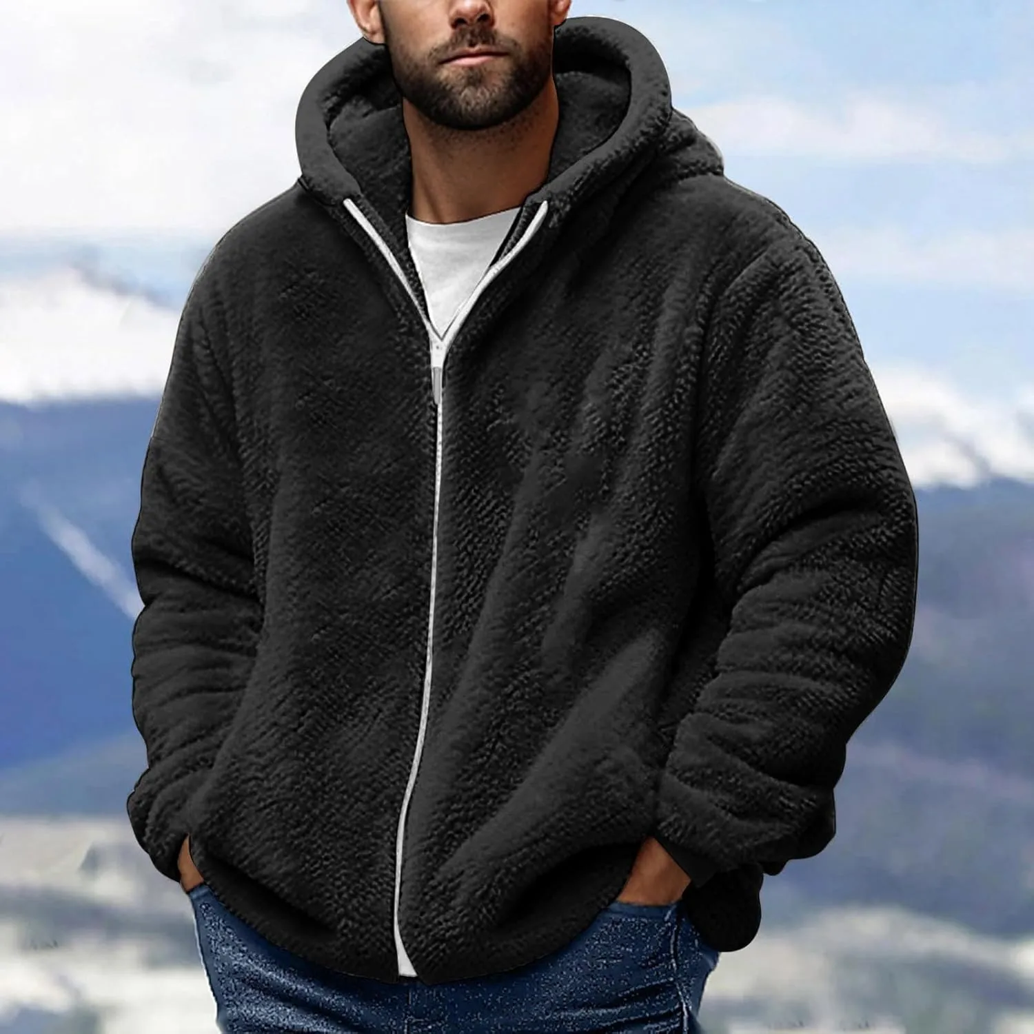 Sherpa Jacket Men Winter Long Sleeve Full Zip Plush Coats Casual Thicken Hooded Jacket Warm Coat Outerwear