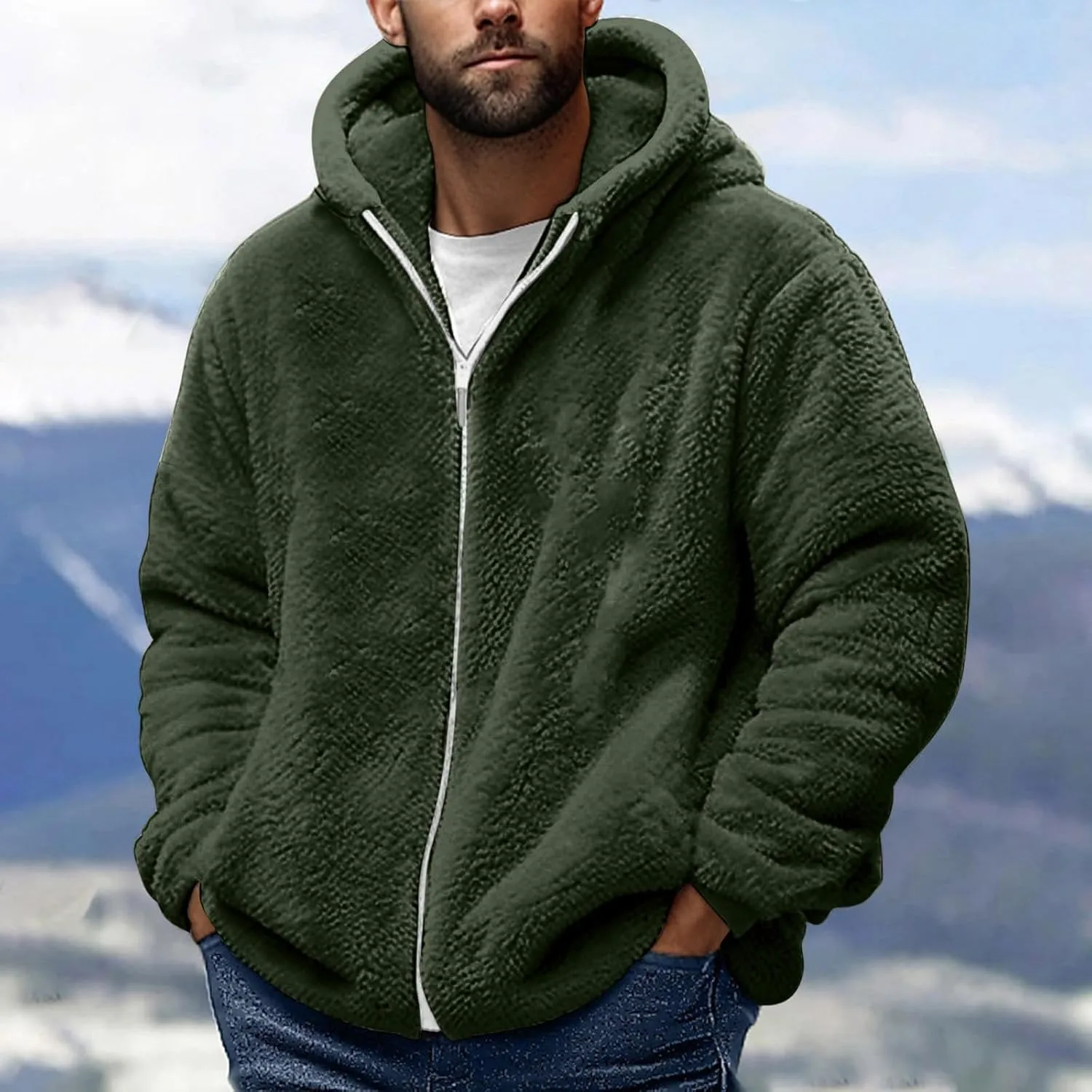 Sherpa Jacket Men Winter Long Sleeve Full Zip Plush Coats Casual Thicken Hooded Jacket Warm Coat Outerwear