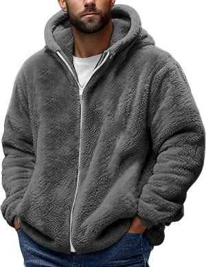 Sherpa Jacket Men Winter Long Sleeve Full Zip Plush Coats Casual Thicken Hooded Jacket Warm Coat Outerwear