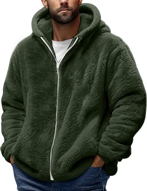 Sherpa Jacket Men Winter Long Sleeve Full Zip Plush Coats Casual Thicken Hooded Jacket Warm Coat Outerwear